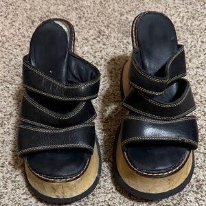 Stylish Black Leather Mules with Wooden Platform